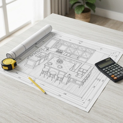 Detailed kitchen renovation blueprint on a table with measuring tools
