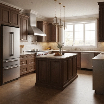 Modern kitchen with elegant wooden cabinets and stainless steel appliances