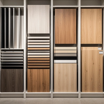 Various kitchen cabinet material samples displayed in a showroom