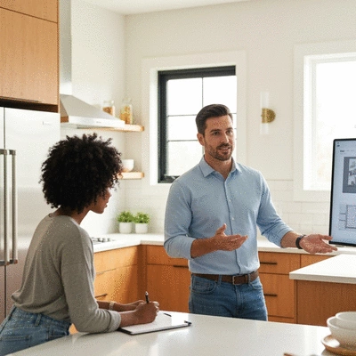Kitchen renovation expert discussing trends with a client in a modern kitchen setting