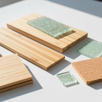 Close-up of various sustainable kitchen materials like bamboo, recycled glass, and cork samples