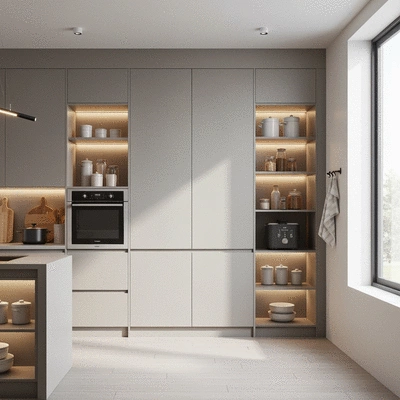 Modern kitchen with tall cabinets and open shelving maximizing vertical space