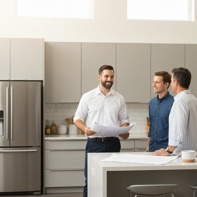 Professional kitchen renovation contractor with blueprints in a modern kitchen setting, discussing plans with homeowner