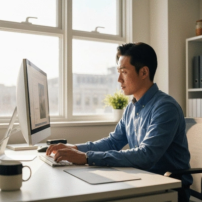 Professional web designer working on a modern desktop computer in a bright office environment