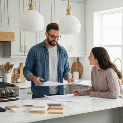 Professional kitchen renovation contractor discussing plans with a homeowner in a modern kitchen setting.