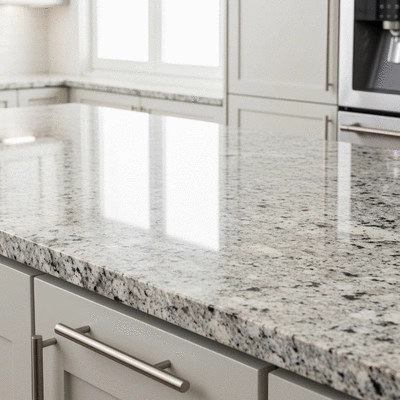Close-up of a luxurious granite kitchen countertop with subtle veining and a polished finish, demonstrating natural beauty and durability.