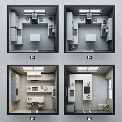 Illustration of L-shaped, U-shaped, and galley kitchen layouts