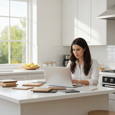 Woman researching kitchen renovation options on a laptop