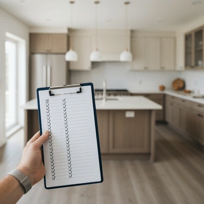 Person using a checklist for kitchen renovation, modern home background, no text, no words, no typography