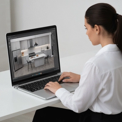 Professional designer using 3D design software on a computer to plan a kitchen layout
