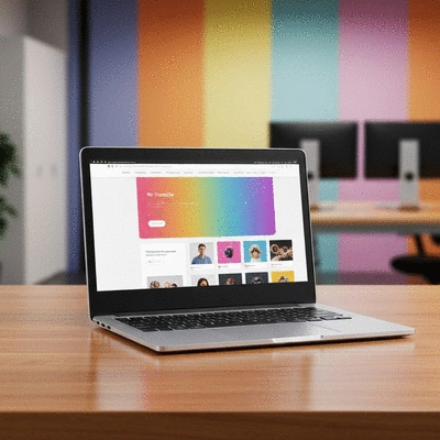 Modern laptop showing a responsive website design on a clean wooden desk with a coffee cup