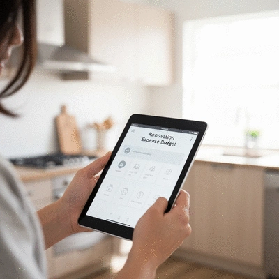 Person using a tablet to track renovation expenses with a budget spreadsheet