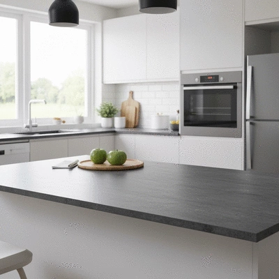 Modern kitchen featuring a sleek laminate countertop in a contemporary design, showcasing its versatility and affordability.