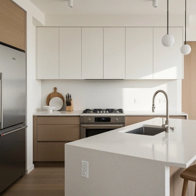 Modern kitchen with quartz countertops and stainless steel appliances