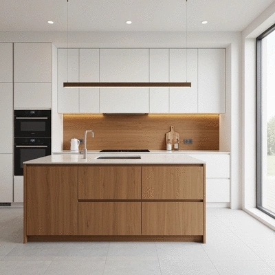 Modern kitchen interior showcasing minimalist design and smart technology with elegant wooden accents