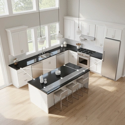 Kitchen work triangle with sink, stove, and refrigerator highlighted