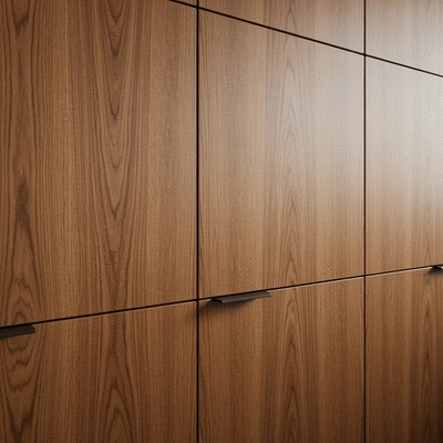 Close-up of a stylish timber veneer kitchen cabinet with natural wood grain