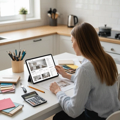 Close-up of a person reviewing kitchen renovation plans and budget on a tablet, with design tools nearby