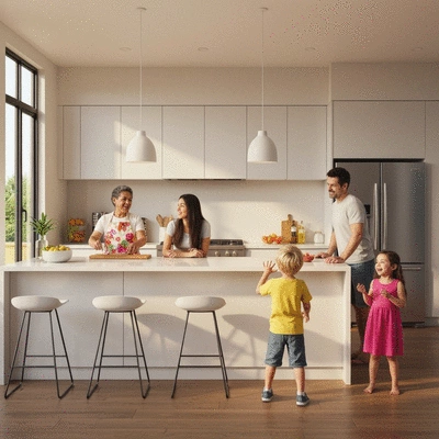 Modern open-plan kitchen with a family interacting, bright and inviting atmosphere