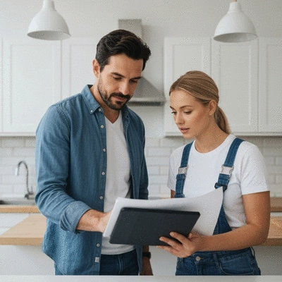 Person reviewing kitchen renovation plans with a contractor, professional setting, no text, no words, no typography