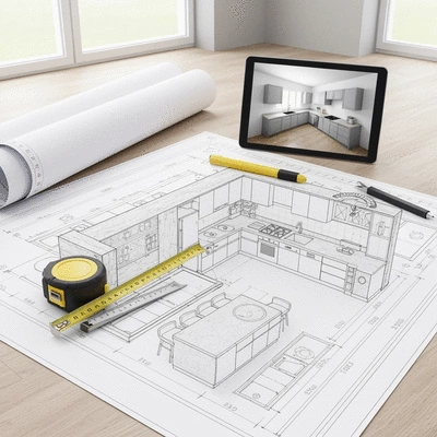 Modern kitchen layout plan on a blueprint, with measuring tools and a tablet showing 3D rendering