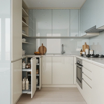 Modern small kitchen with smart storage solutions and light colors